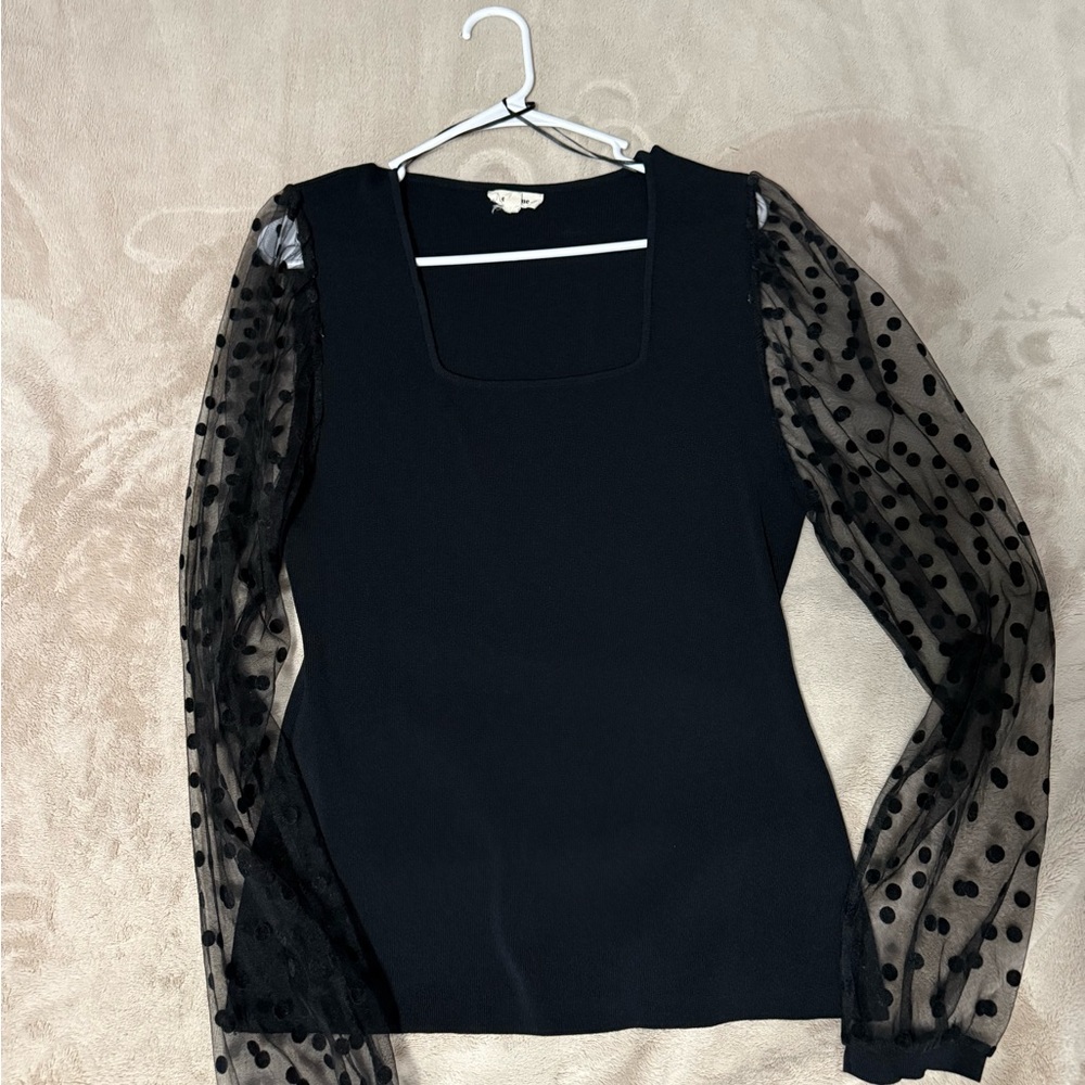 Eesome Black Blouse with Sheer Polka Dot Sleeves